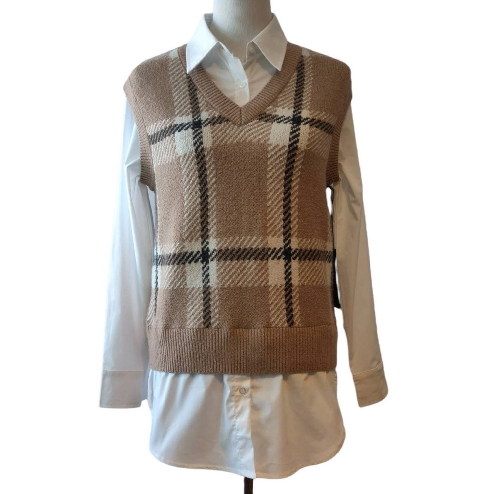 Rachel Zoe Tan Plaid V-Neck Sweater Vest